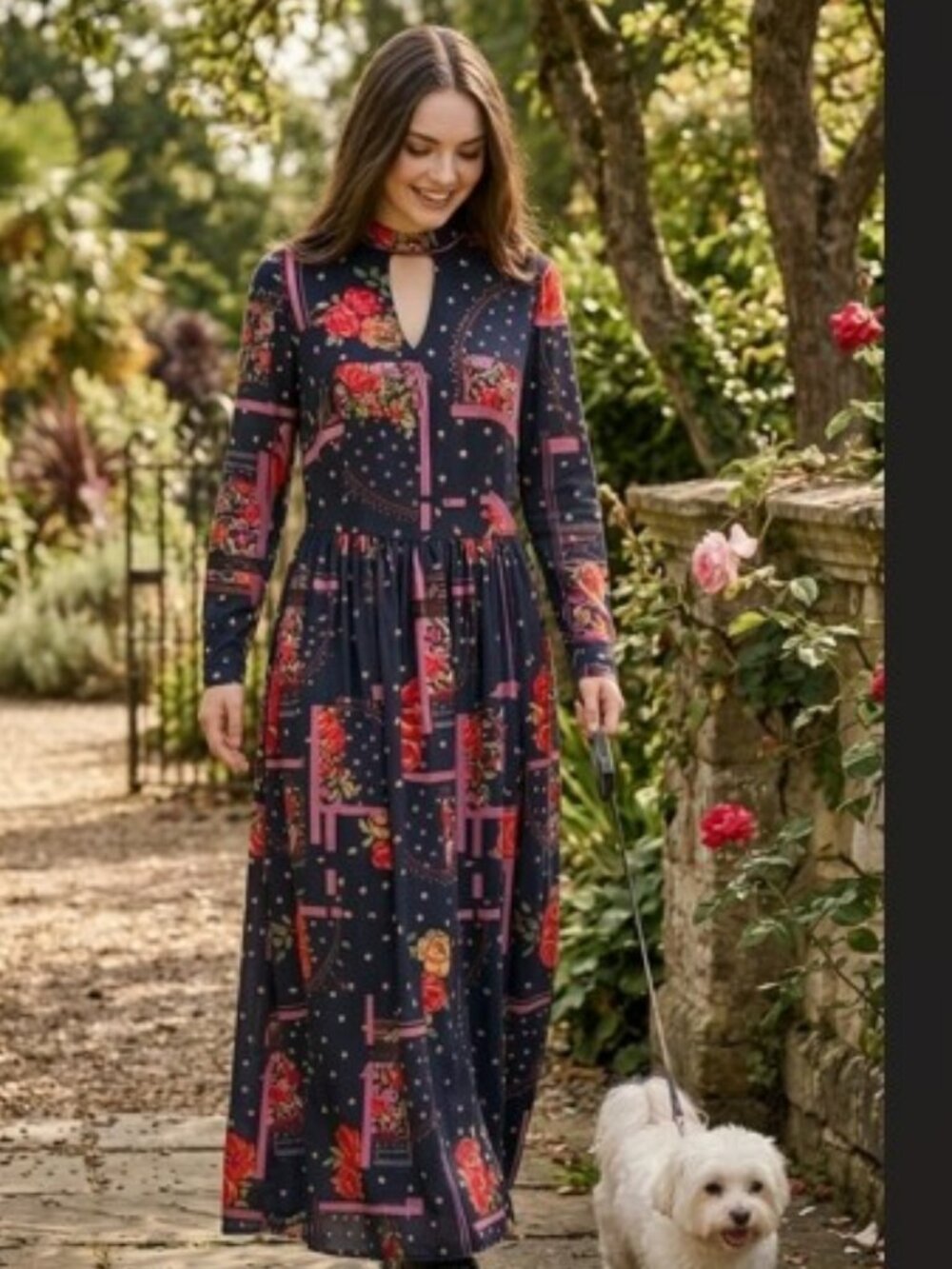 HORROCKSES Vintage RARE 60's Black Floral Keyhole Choker Long Sleeve Maxi Dress